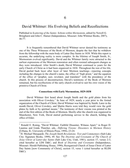 David Whitmer: His Evolving Beliefs and Recollections