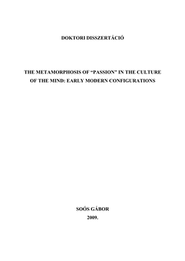 Passion” in the Culture of the Mind: Early Modern Configurations