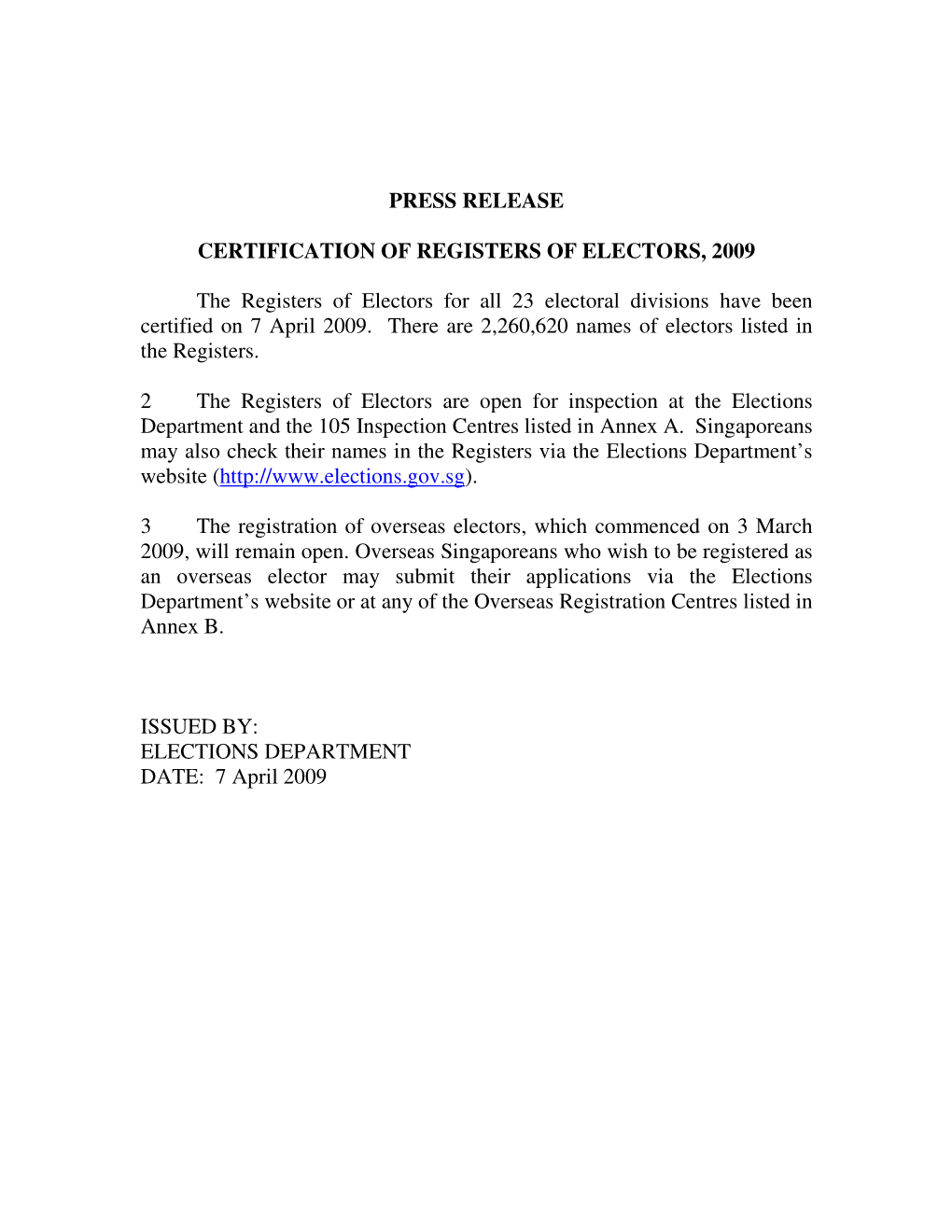 PRESS RELEASE Press Release on Certification of Registers of Electors