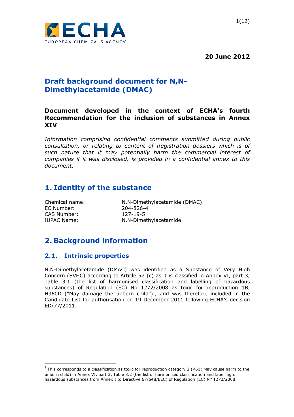 Draft Background Document for N,N- Dimethylacetamide (DMAC)