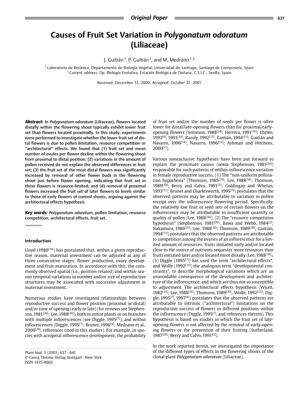 Causes of Fruit Set Variation in Polygonatum Odoratum (Liliaceae)