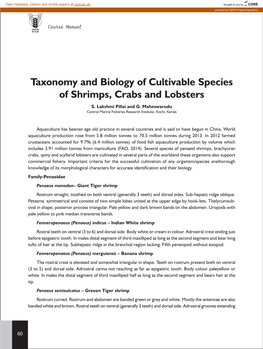 Taxonomy and Biology of Cultivable Species of Shrimps, Crabs and Lobsters S