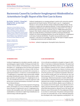 Bacteremia Caused by Laribacter Hongkongensis Misidentified As Acinetobacter Lwoffii: Report of the First Case in Korea