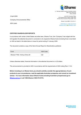 3 April 2009 Company Announcements Office ASX Listed CERTIFIED SHAREHOLDER REPORTS in Accordance with Certain United States Secu