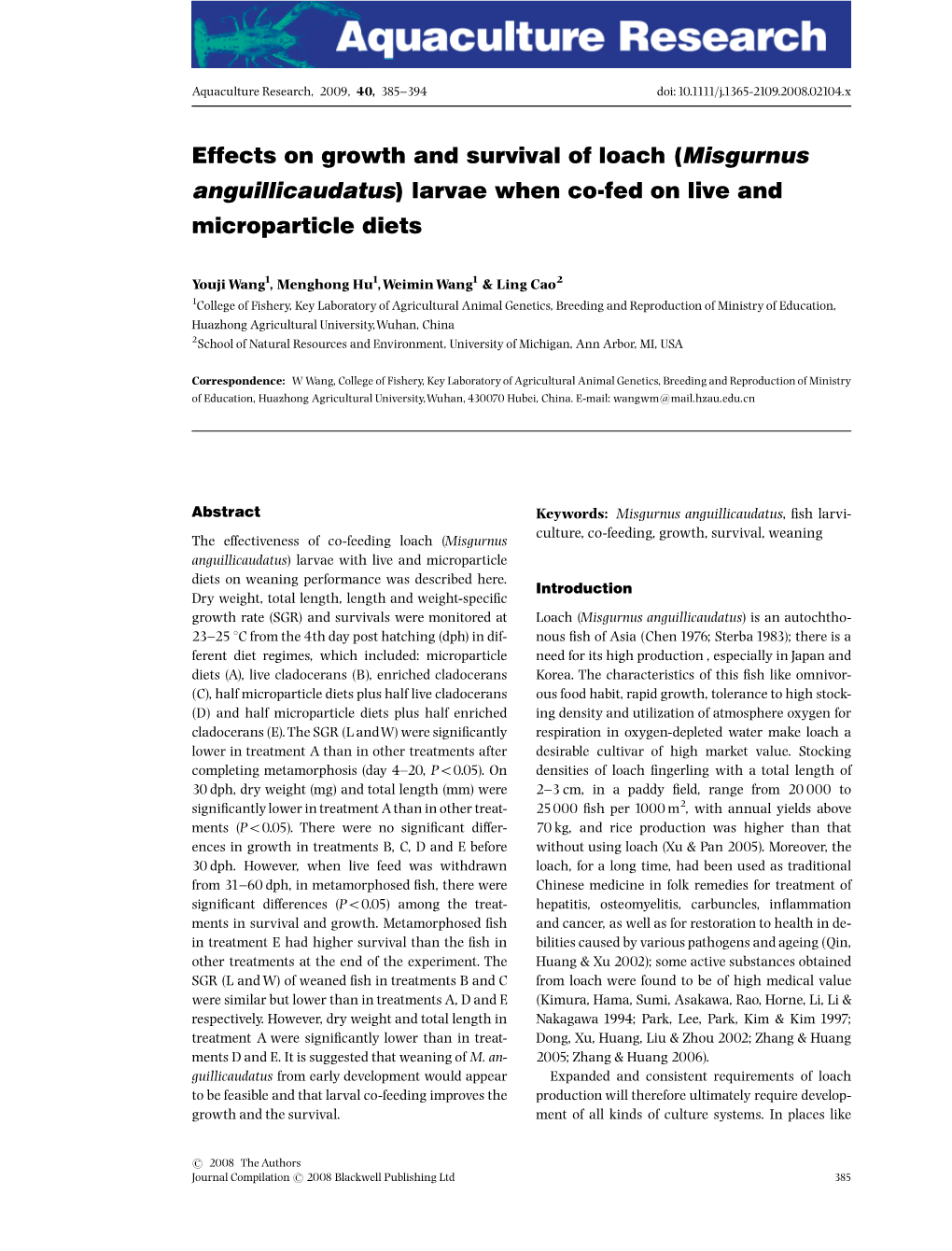 Effects on Growth and Survival of Loach (Misgurnus Anguillicaudatus) Larvae When Co-Fed on Live and Microparticle Diets