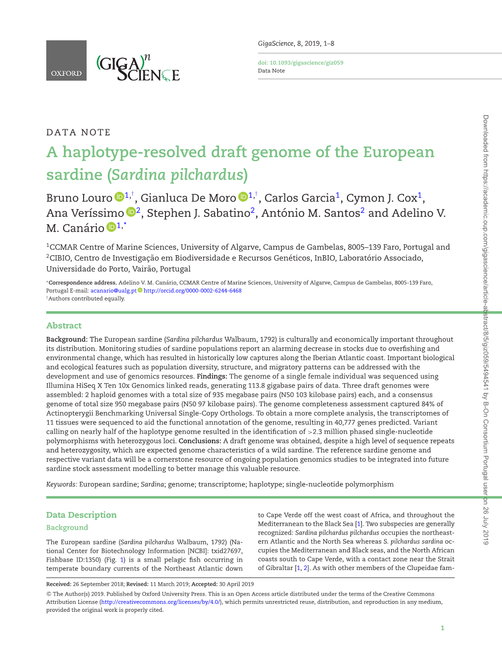 A Haplotype-Resolved Draft Genome of the European Sardine (Sardina Pilchardus)