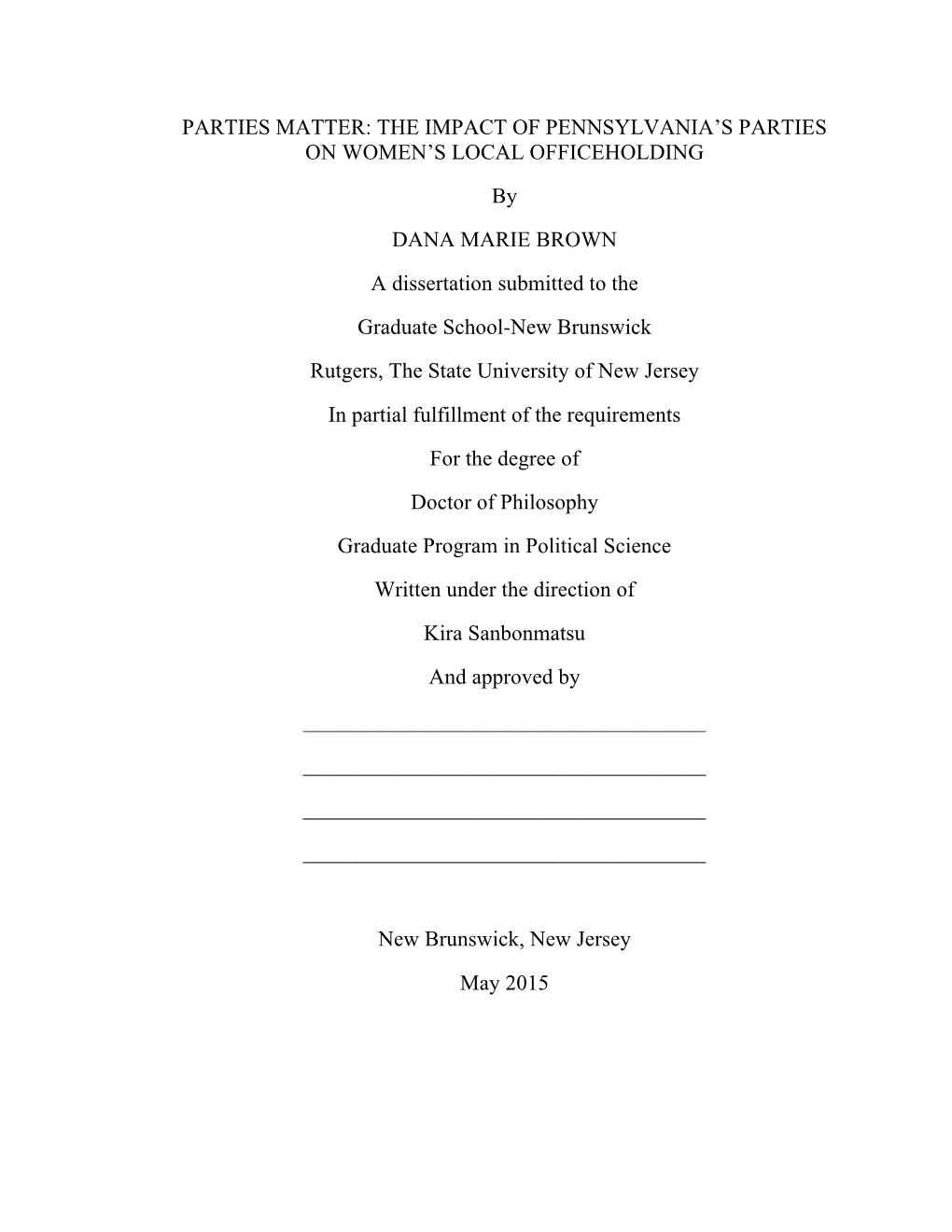 Parties Matter: the Impact of Pennsylvania’S Parties on Women’S Local Officeholding