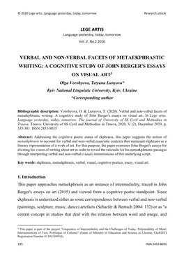 Verbal and Non-Verbal Facets of Metaekphrastic Writing: a Cognitive Study of John Berger's Essays On