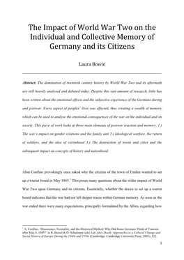 The Impact of World War Two on the Individual and Collective Memory of Germany and Its Citizens