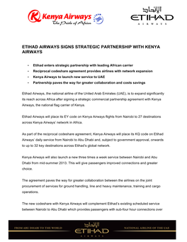 Etihad Airways Signs Strategic Partnership with Kenya Airways