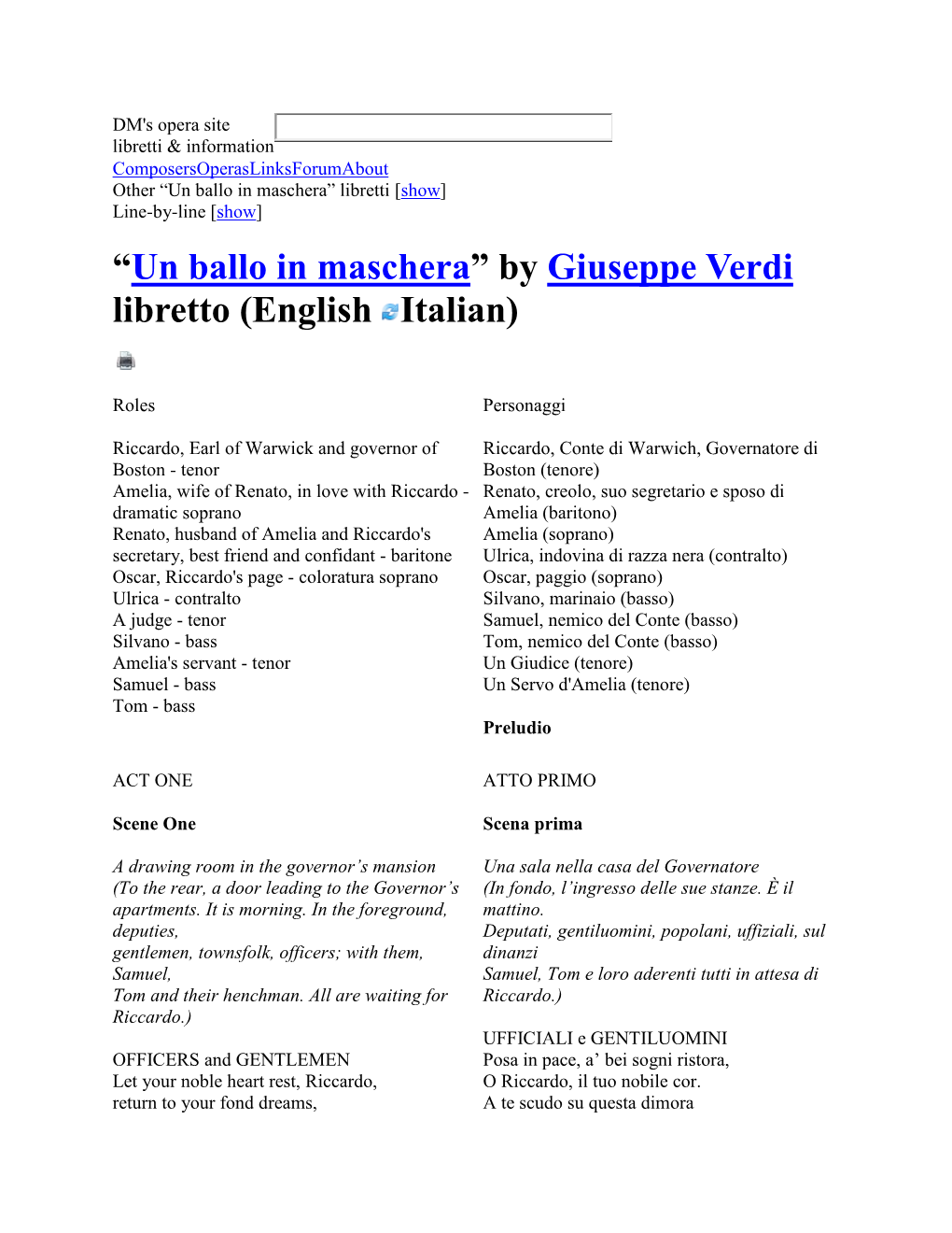 “Un Ballo in Maschera” by Giuseppe Verdi Libretto (English Italian)