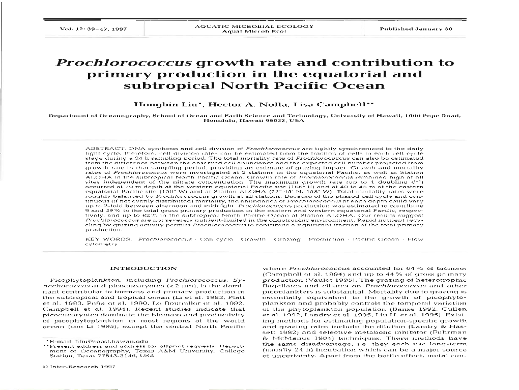 Prochlorococcus Growth Rate and Contribution to Primary Production in the Equatorial and Subtropical North Pacific Ocean