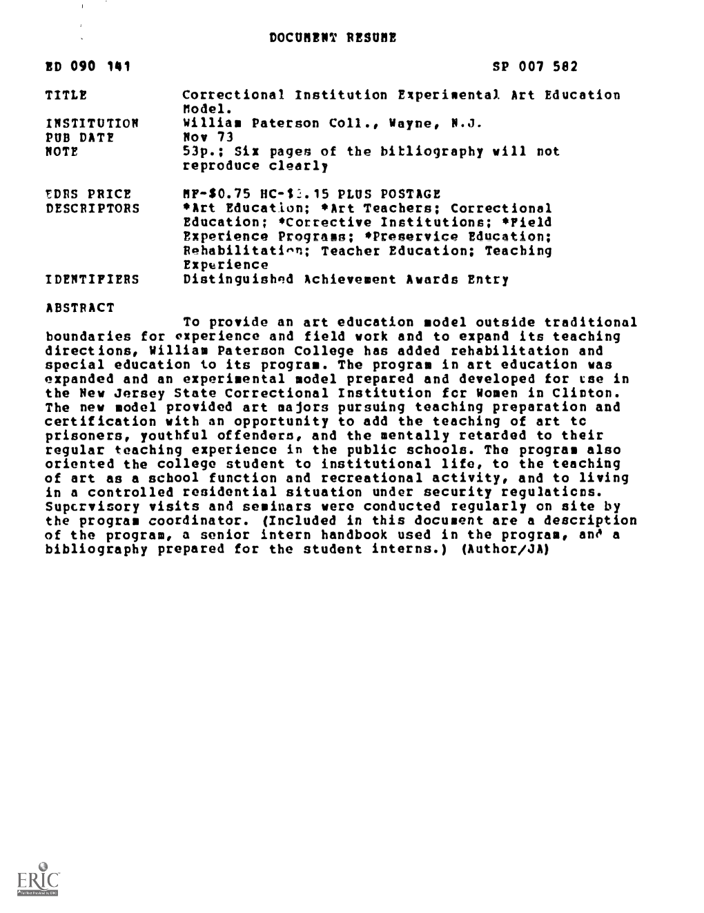 DOCUMENT RESUME ED 090 141 SP 007 582 TITLE Correctional