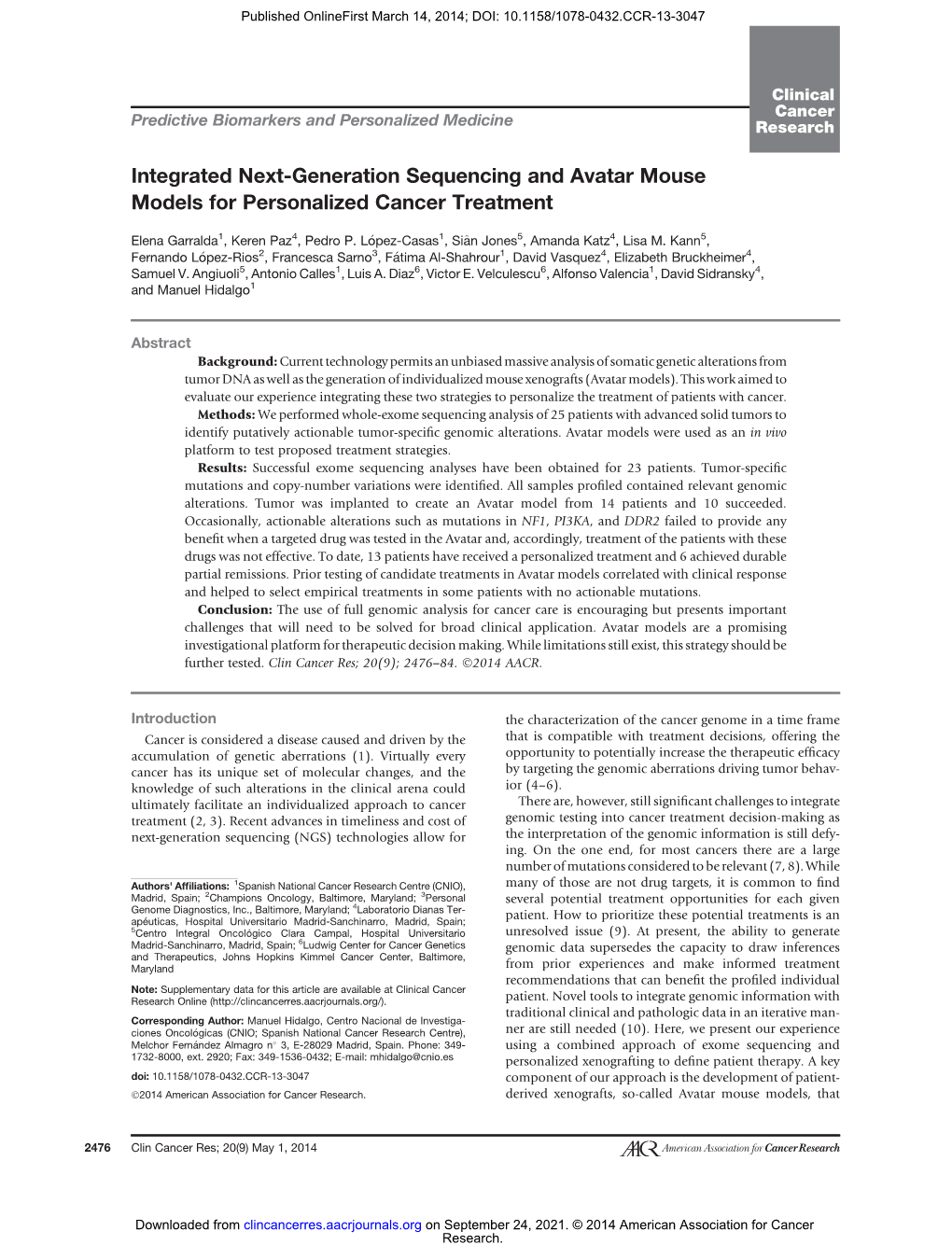 Integrated Next-Generation Sequencing and Avatar Mouse Models for Personalized Cancer Treatment