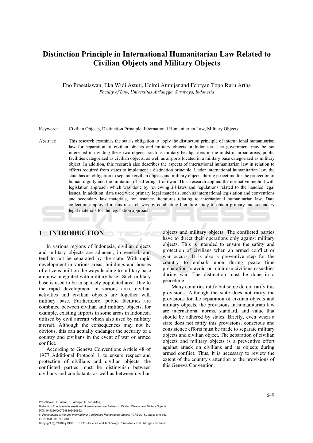 Distinction Principle in International Humanitarian Law Related to Civilian Objects and Military Objects