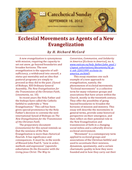 Ecclesial Movements As Agents of a New Evangelization by H