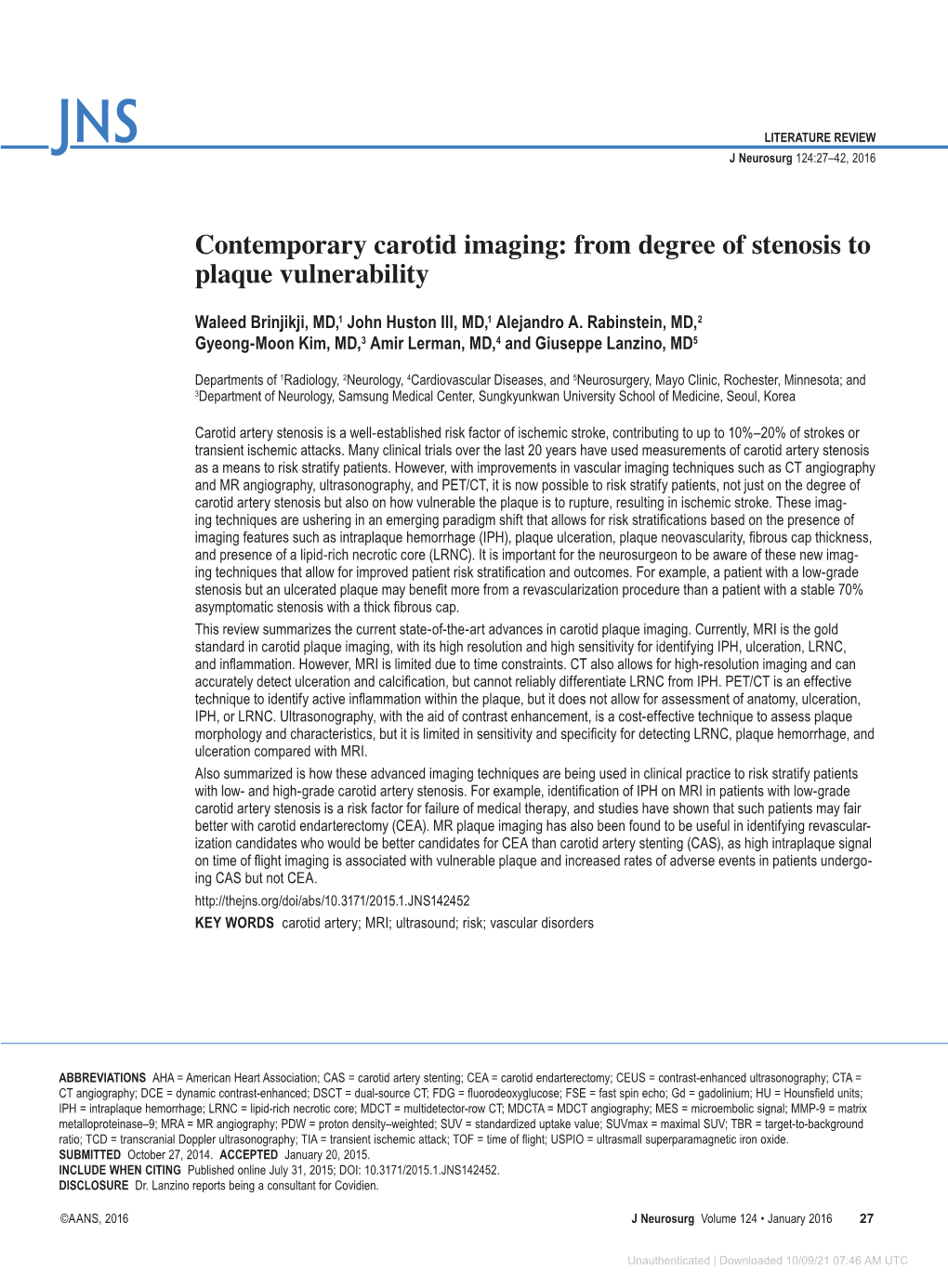 Contemporary Carotid Imaging: from Degree of Stenosis to Plaque Vulnerability