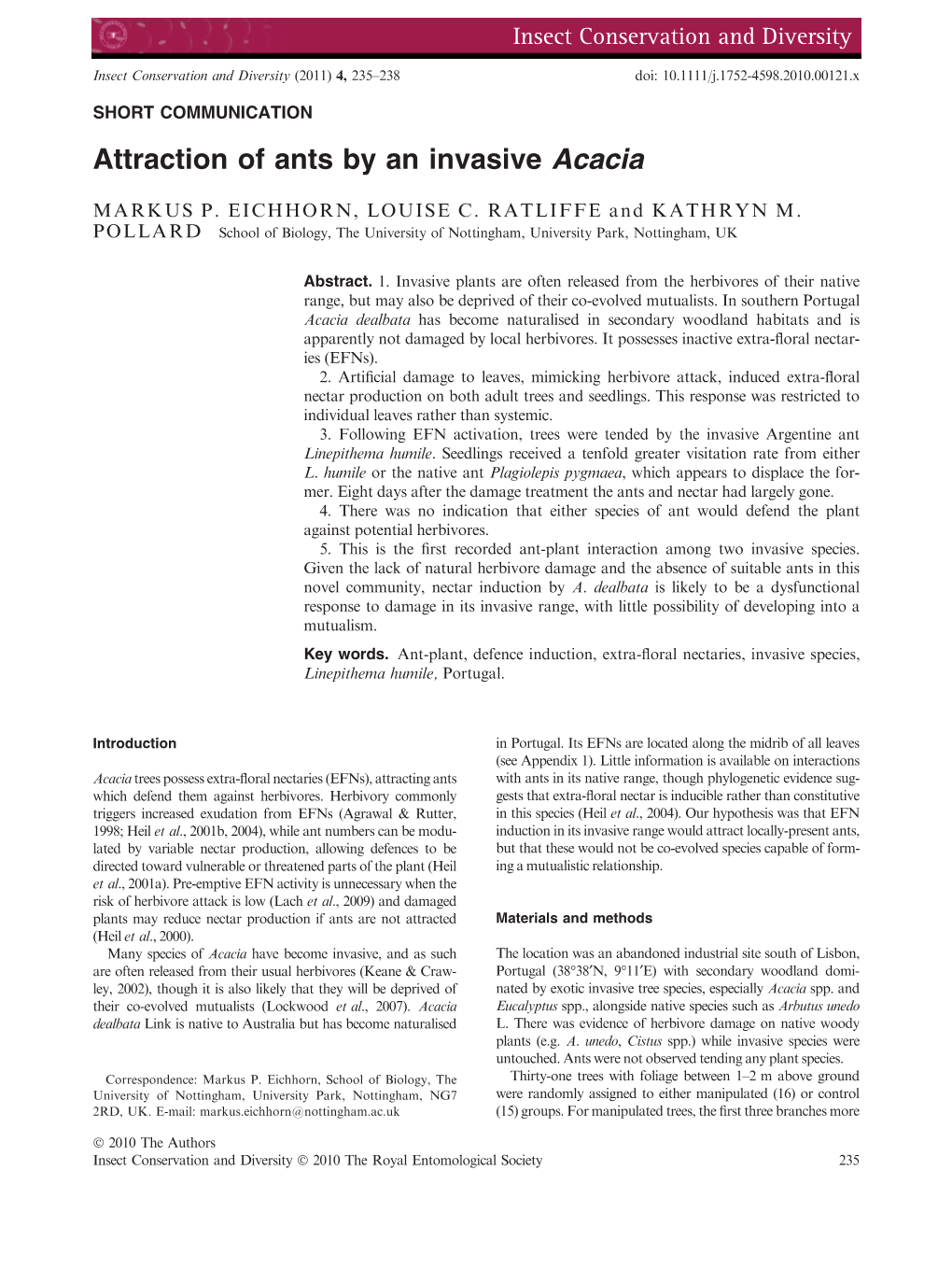 Attraction of Ants by an Invasive Acacia