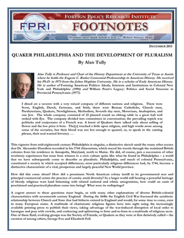 QUAKER PHILADELPHIA and the DEVELOPMENT of PLURALISM by Alan Tully