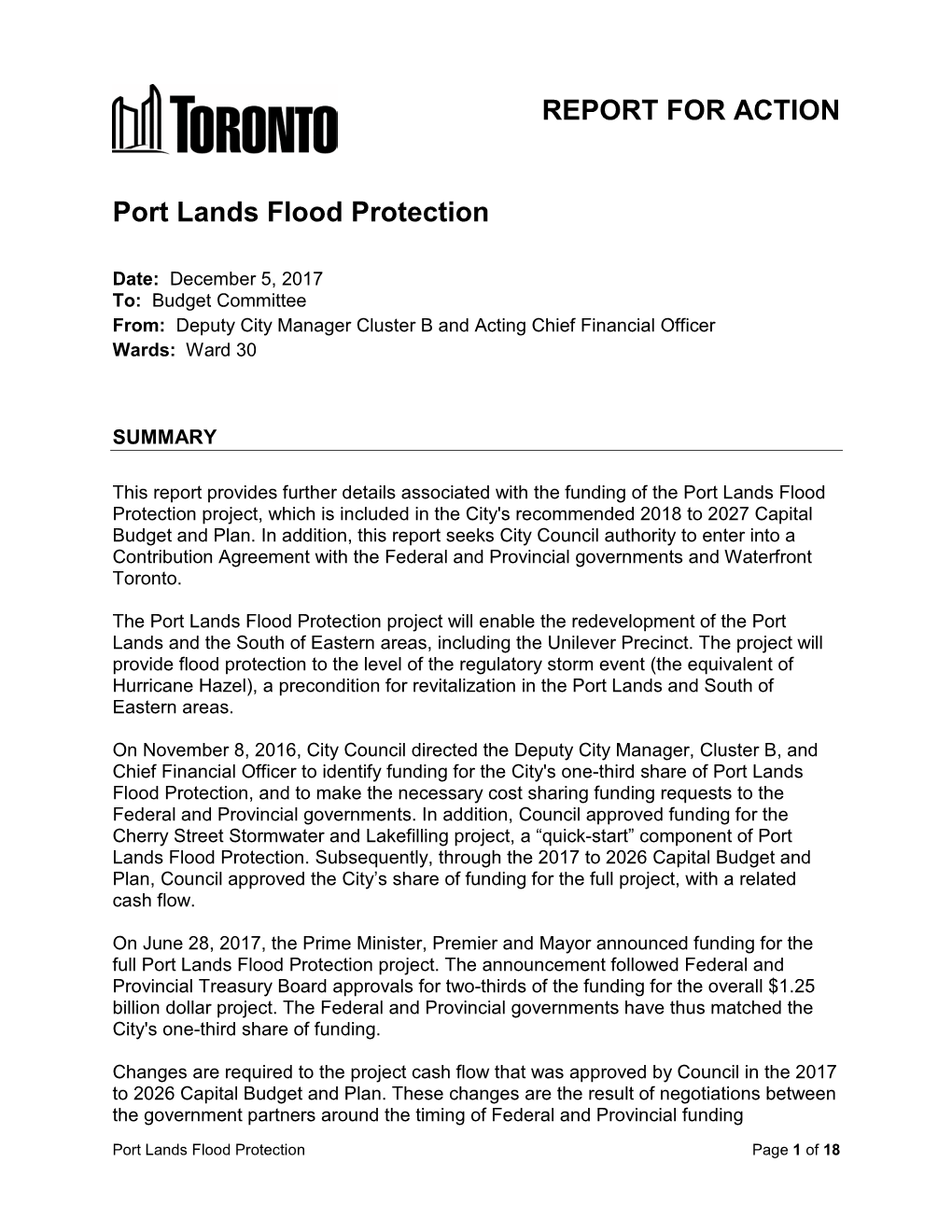 REPORT for ACTION Port Lands Flood Protection