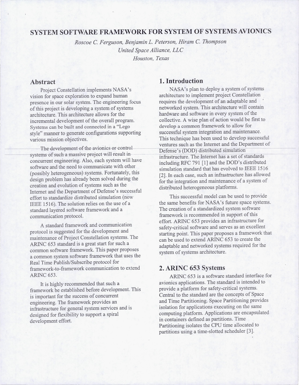 SYSTEM SOFTWARE FRAMEWORK for SYSTEM of SYSTEMS AVIONICS Roscoe C