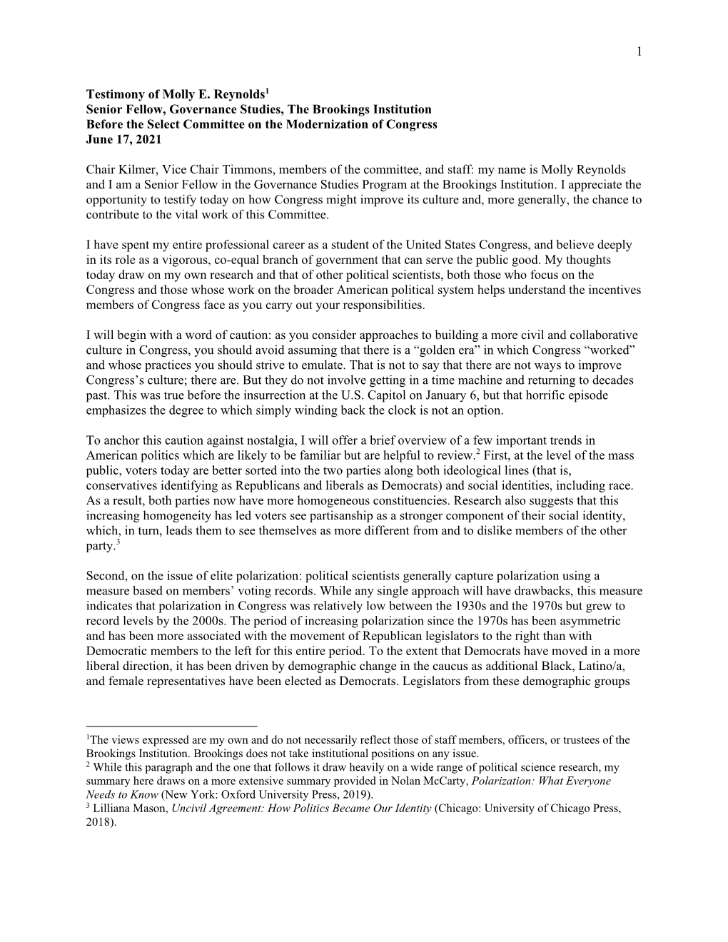 1 Testimony of Molly E. Reynolds1 Senior Fellow, Governance Studies, the Brookings Institution Before the Select Committee on Th