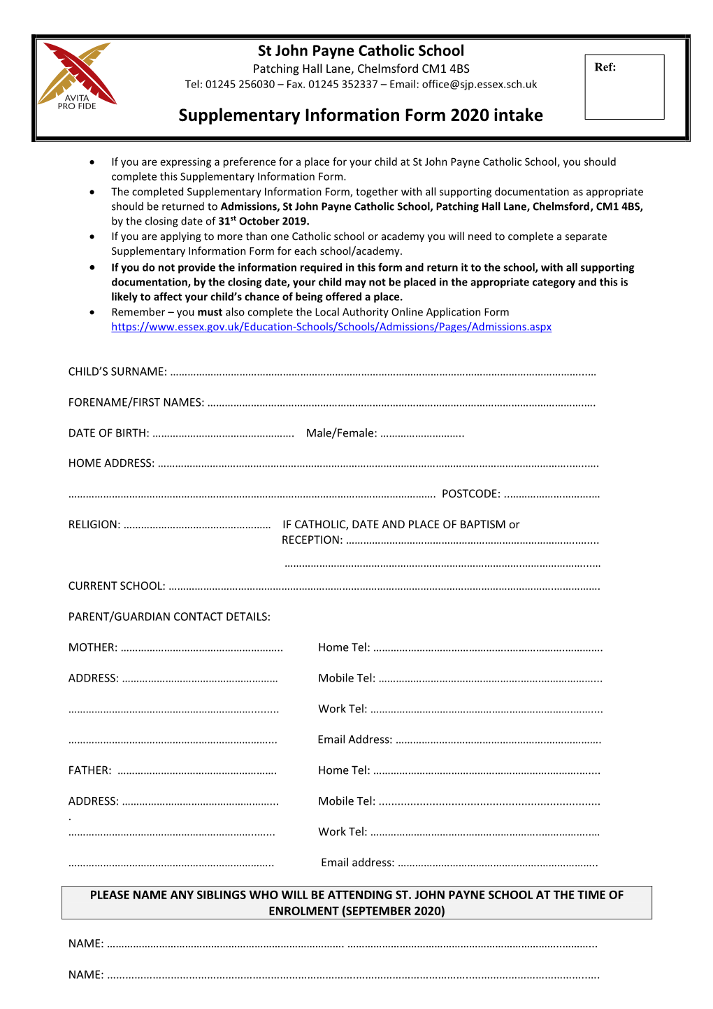 Supplementary Information Form 2020 Intake