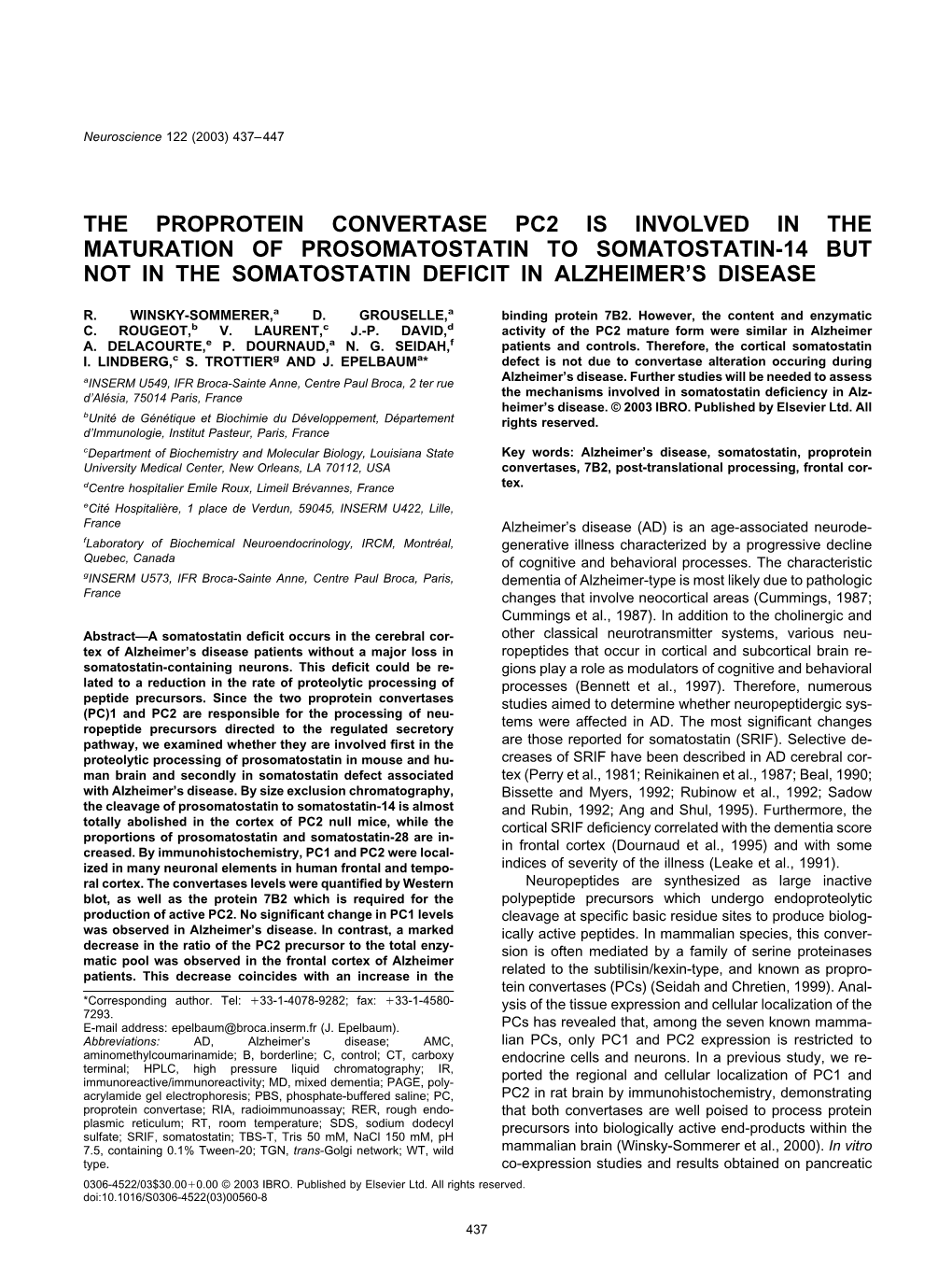 The Proprotein Convertase Pc2 Is Involved in the Maturation of Prosomatostatin to Somatostatin-14 but Not in the Somatostatin Deficit in Alzheimer’S Disease