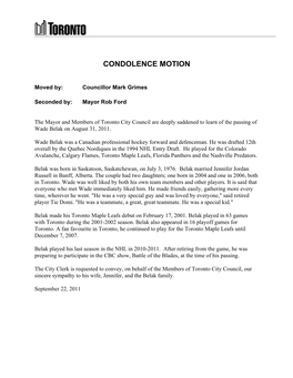 Condolence Motion Wade Belak