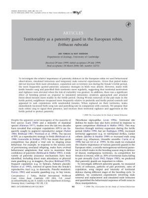 Territoriality As a Paternity Guard in the European Robin, Erithacus Rubecula