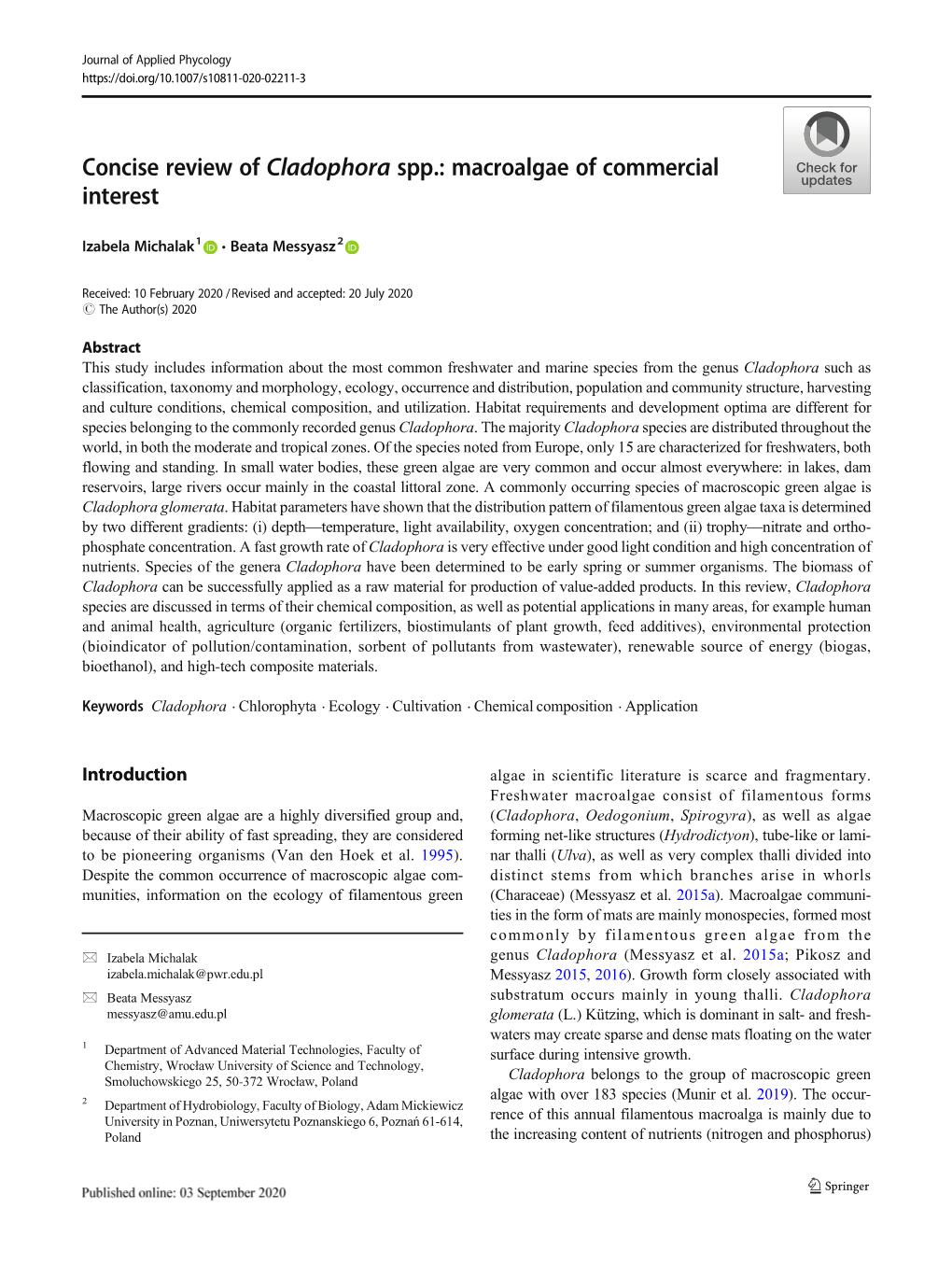 Concise Review of Cladophora Spp.: Macroalgae of Commercial Interest