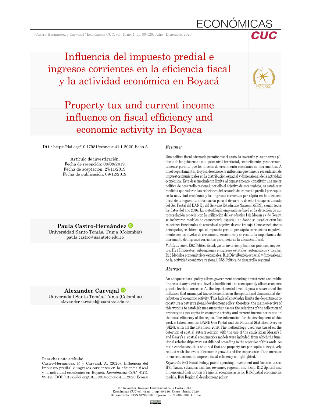 Influencia Del Impuesto Predial E Ingresos Corrientes En La Eficiencia Fiscal Y La Actividad Económica En Boyacá