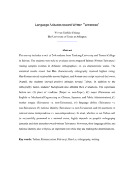 Language Attitudes Toward Written Taiwanese1