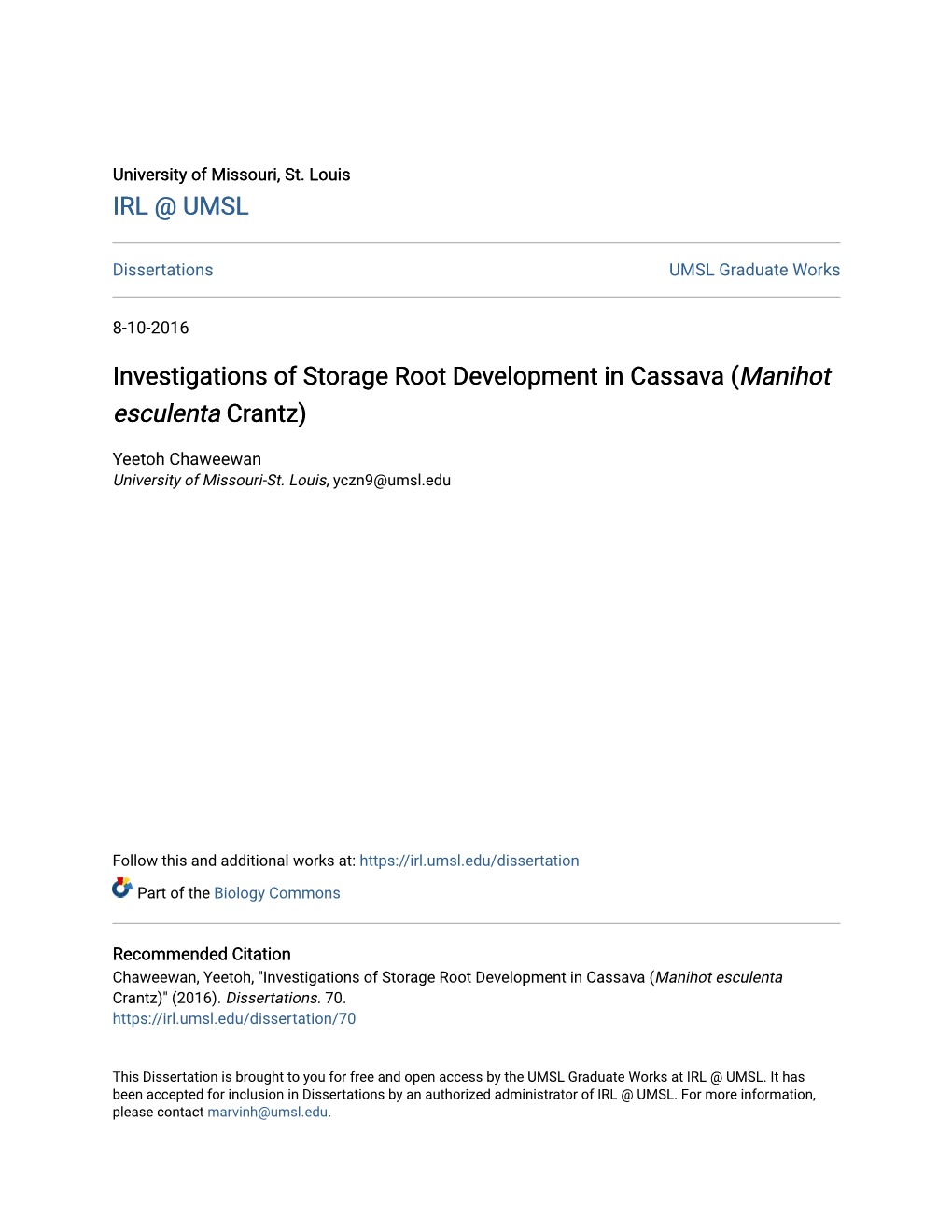 Investigations of Storage Root Development in Cassava (Manihot Esculenta Crantz)