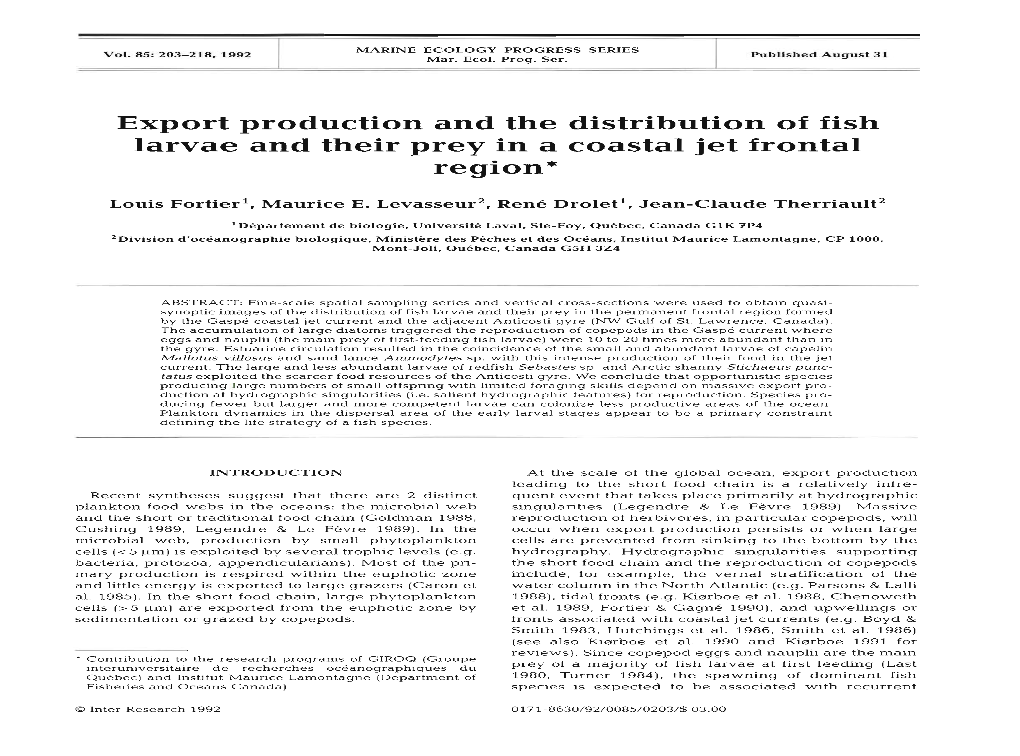 Export Production and the Distribution of Fish Larvae and Their Prey in a Coastal Jet Frontal Region*