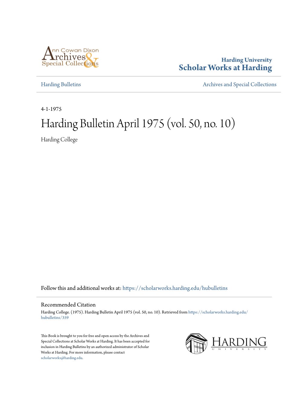 Harding Bulletin April 1975 (Vol