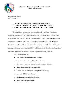 Usibwc Selects 12 Citizens Forum Board Members to Serve 2-Year Term; Public Meeting Set for July 25 in Yuma