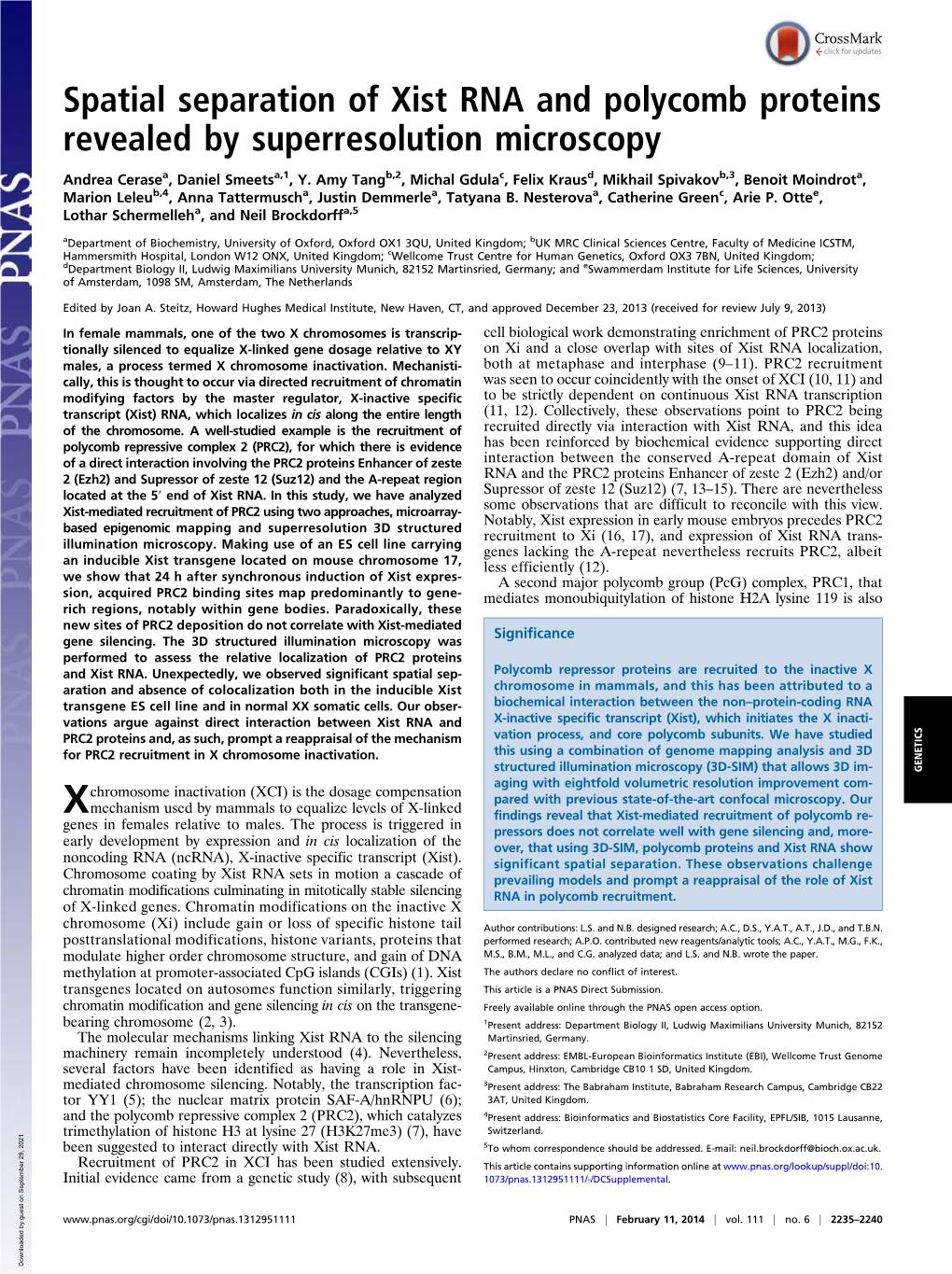 Spatial Separation of Xist RNA and Polycomb Proteins Revealed by Superresolution Microscopy