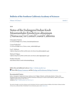 Status of the Endangered Indian Knob Mountainbalm Eriodictyon Altissimum (Namaceae) in Central Coastal California Christopher P