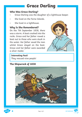 Grace Darling Who Was Grace Darling? • Grace Darling Was the Daughter of a Lighthouse Keeper