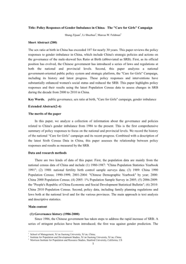 Title: Policy Responses of Gender Imbalance in China：The "Care for Girls" Campaign Short Abstract (200) the Sex Rati
