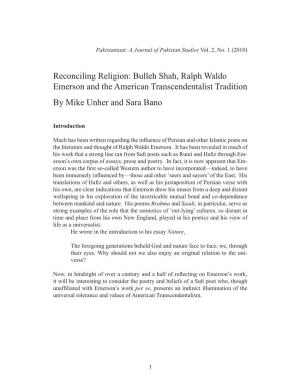 Reconciling Religion: Bulleh Shah, Ralph Waldo Emerson and the American Transcendentalist Tradition by Mike Unher and Sara Bano