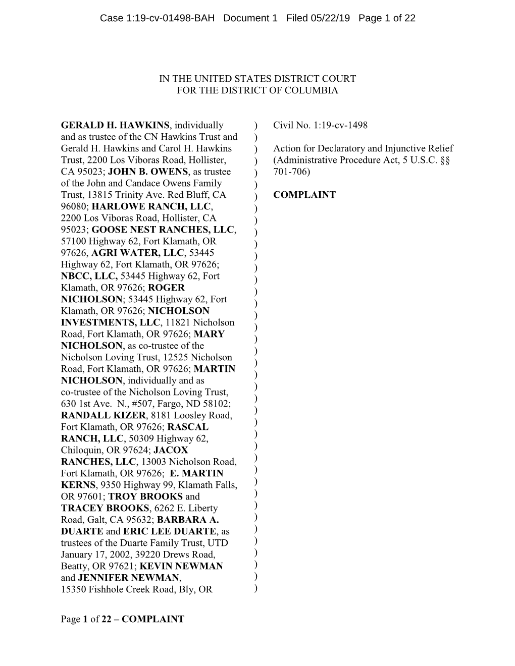 Case 1:19-Cv-01498-BAH Document 1 Filed 05/22/19 Page 1 of 22