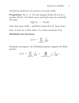 Garrett 11-16-2011 1 Introducing Dedekind Zeta Function of Number