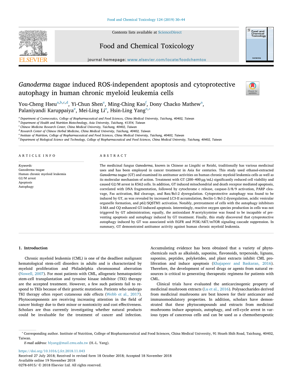 Ganoderma Tsugae Induced ROS-Independent Apoptosis and Cytoprotective Autophagy in Human Chronic Myeloid Leukemia Cells T