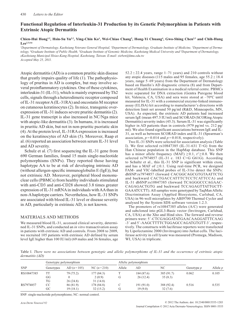 Functional Regulation of Interleukin-31 Production by Its Genetic Polymorphism in Patients with Extrinsic Atopic Dermatitis