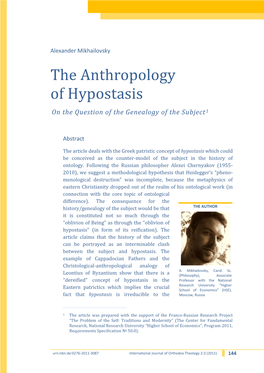 The Anthropology of Hypostasis on the Question of the Genealogy of the Subject 1