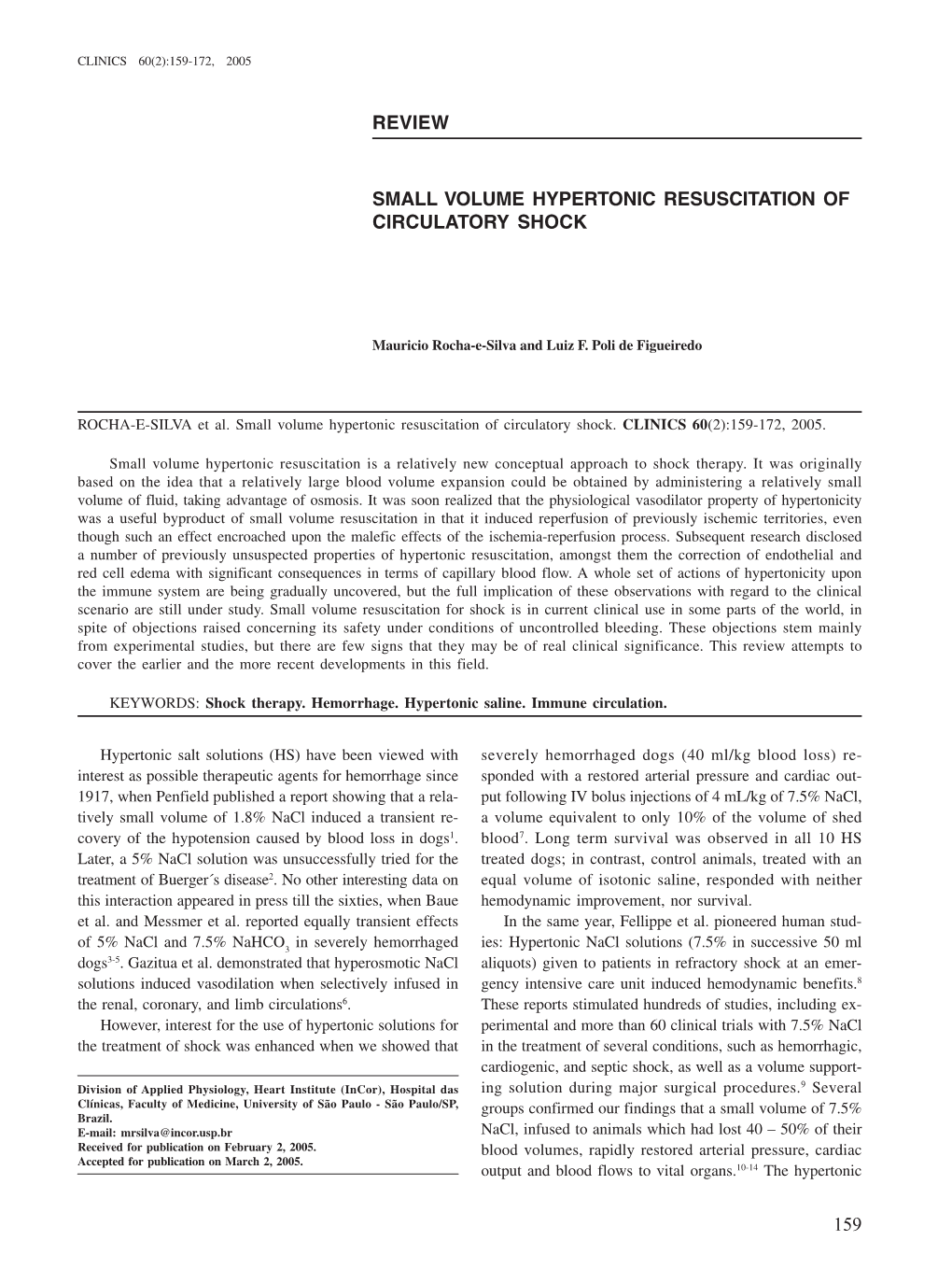 Review Small Volume Hypertonic Resuscitation of Circulatory Shock