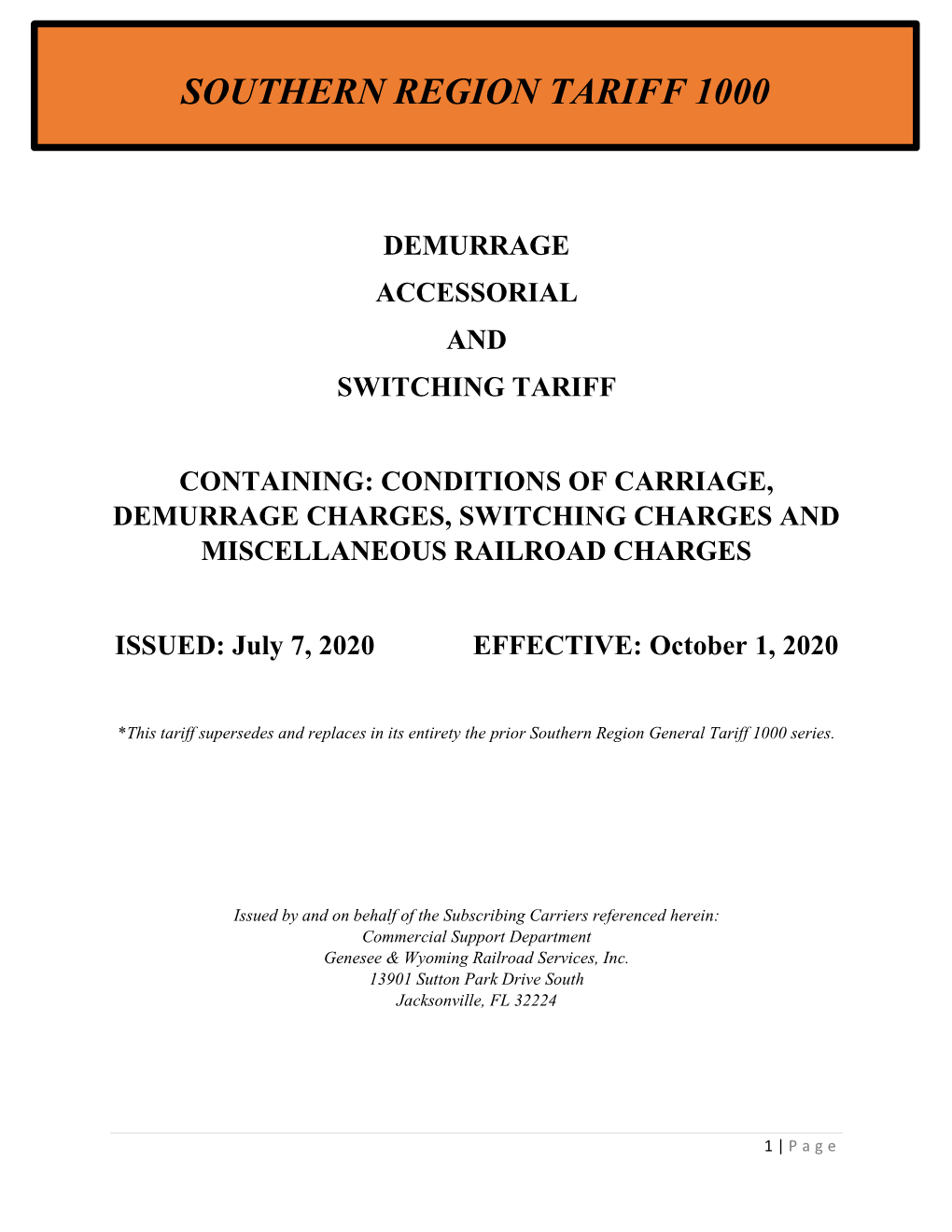 Southern Region General Tariff 1000 Series