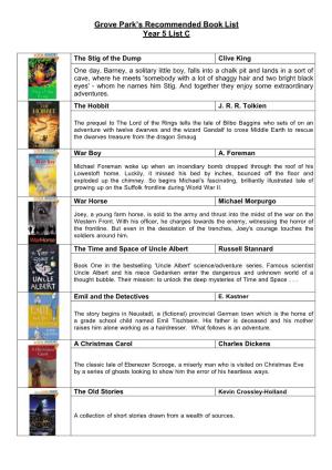 Grove Park's Recommended Book List Year 5 List C